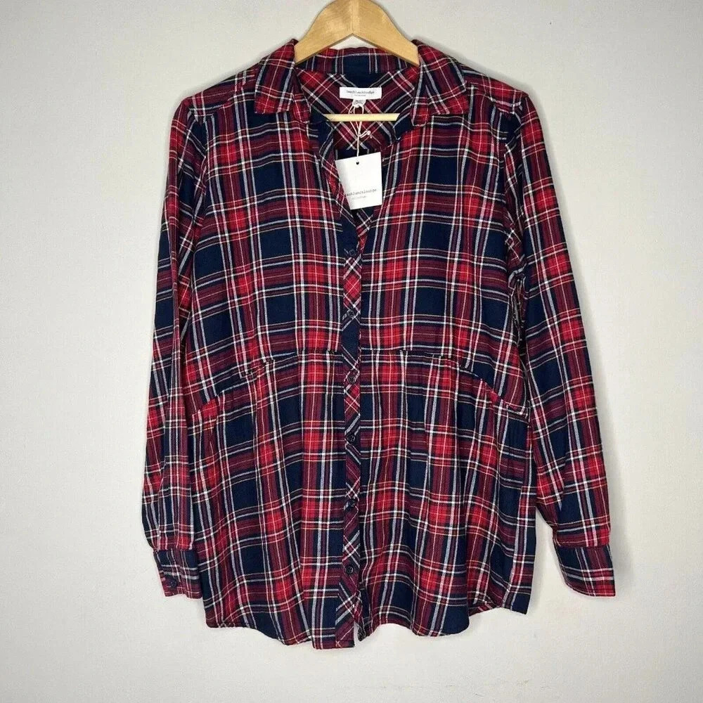 Beach Lunch Lounge Plaid Tiered Botton Down Blouse Sz M NWT
